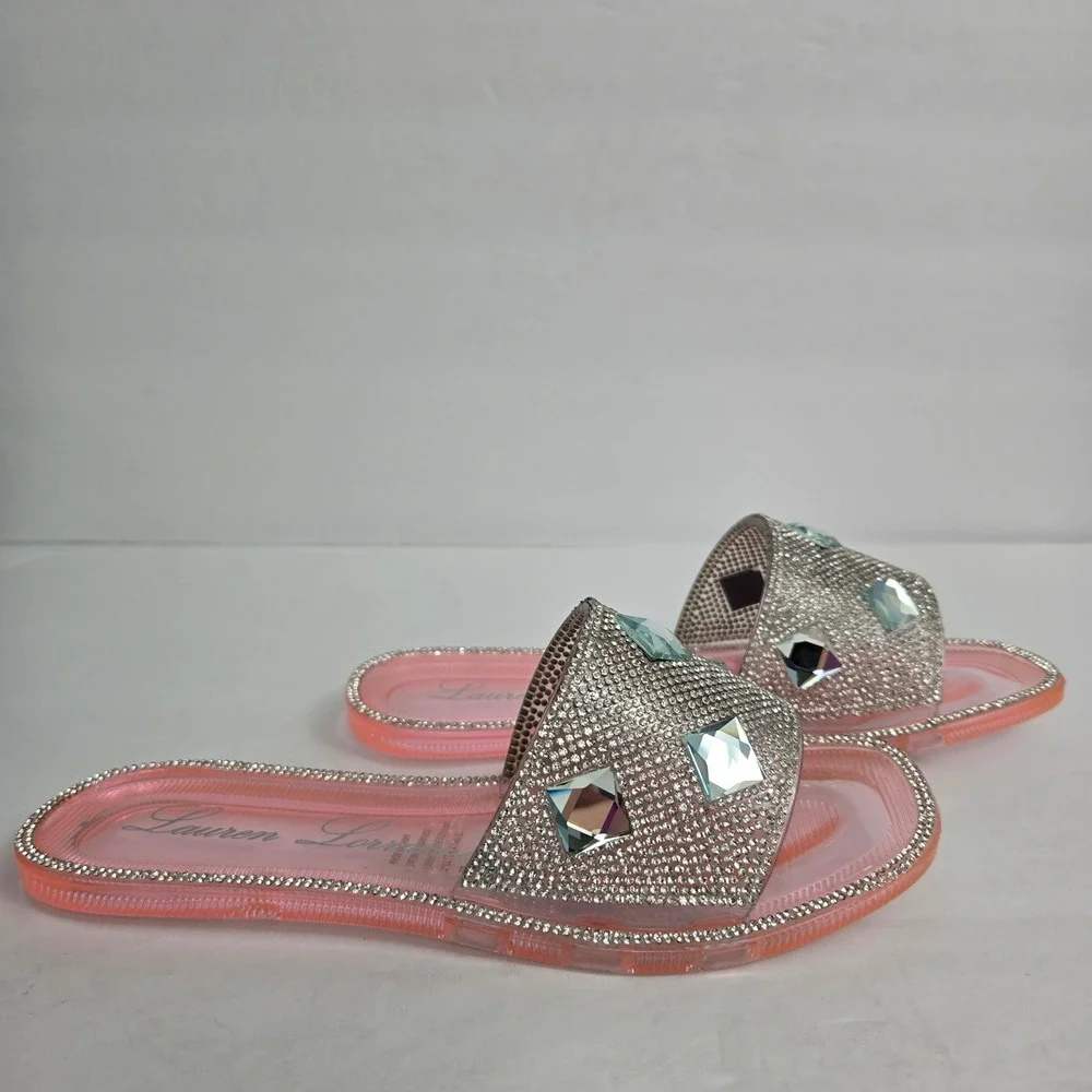 Lauren Lorraine Bianca Rhinestone Crystal Pink Jelly‎ Slide Sandals Size 5.5 NIB